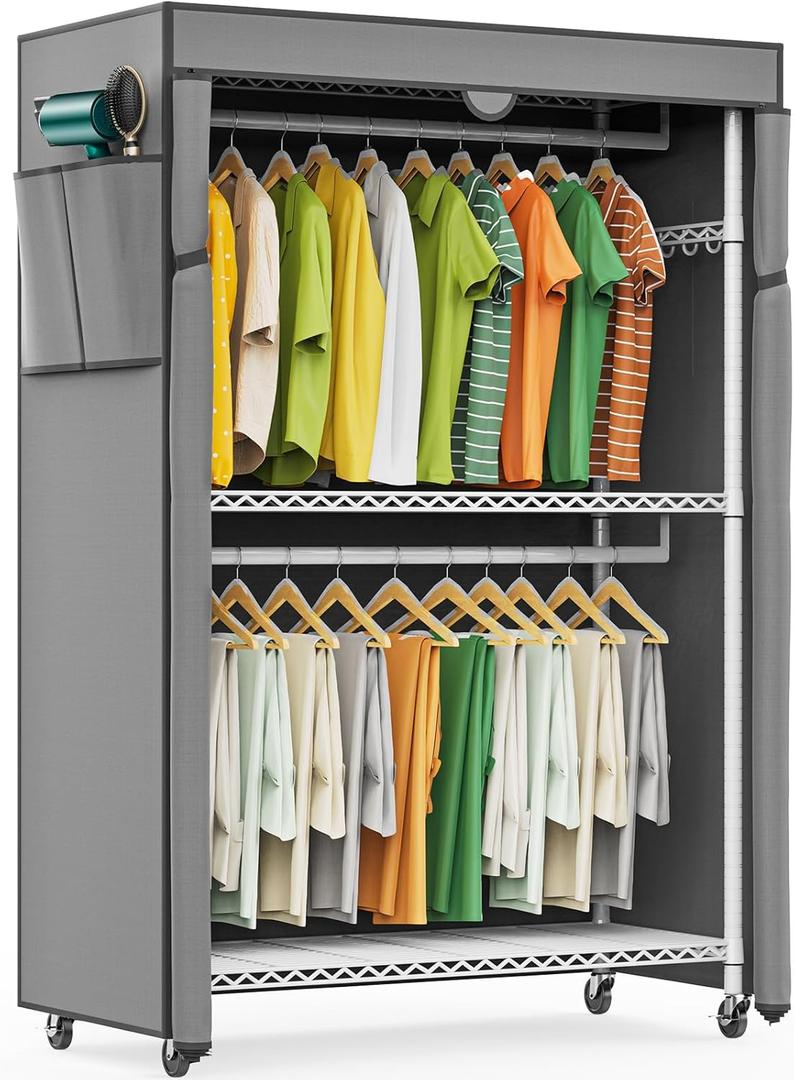 LEHOM G1C Heavy Duty Clothes Rack with Cover, Rolling Garment Rack for Hanging Clothes, Portable Closets with Oxford Fabric Cover, Freestanding Clothing Rack on Wheels, Storage Wardrobe for Bedroom (G1C, White+gray Cover)