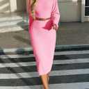 Saodimallsu Womens Long Sleeve Midi Sweater Dress Crew Neck Swiss Dot Soft Knit Casual Fall Trendy Maxi Dresses (Pink)