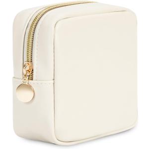 Wandering Nature Small Makeup Bag for Purse Mini Make up Pouch Cute Cosmetic Pouch for Women with Slip-in Pockets Matte Leather, Milky White