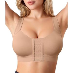 BRABIC Front Closure Post Surgery Compression Bras for Women Mastectomy Bra with Adjustable Straps Wirefree Dark Beige, L