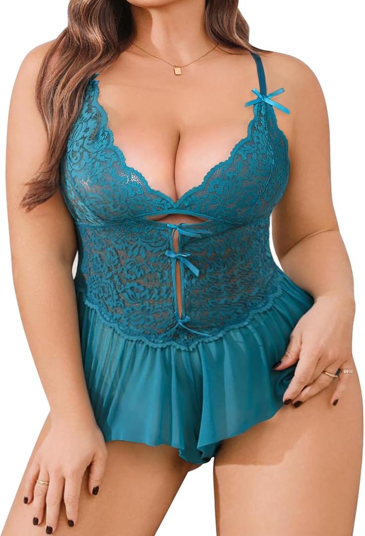 Kolagri Plus Size Lingerie for Women Sexy Lace Bodysuit V Neck Teddy Babydoll Mesh Chemise Sleepwear (XX-Large, Blue Green)