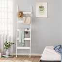 Blanket Ladder, 5-Tier Towel Holder with 4 Removable Hooks, Farmhouse Wall Leaning Decorative Rack Shelf, Wooden Towel Display Rack, Quilt Ladder for Living Room, Bedroom, White