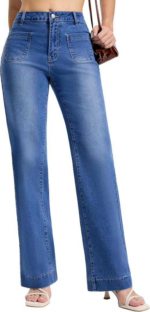 SEVEGO Tall Women's 32/34/36/38 Inseam Wide Leg Jeans High Waisted Stretchy Straight Loose Trendy Denim Pants Pockets (Blue, M)