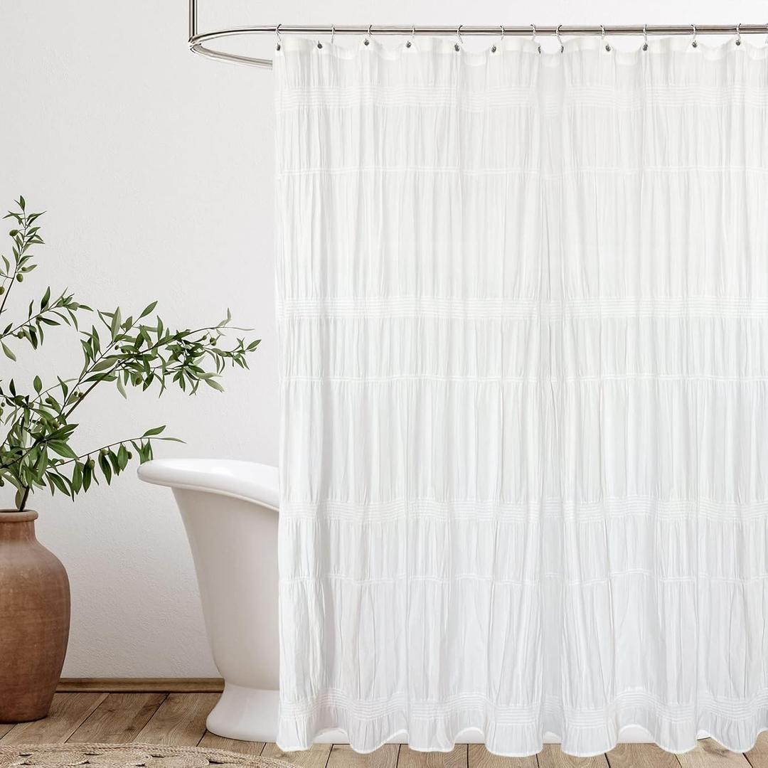 Seasonwood Extra Long White Shower Curtain 84inch Long Farmhouse Shower Curtain Rustic Striped Cotton Blend Fabric Shower Curtains