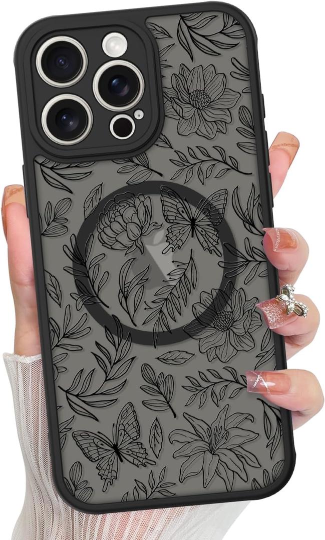 MZELQ Compatible with iPhone 16 Pro Max Case Floral Flower Cute Pattern Support for MagSafe Matte Crystal Phone Case for Girls Women