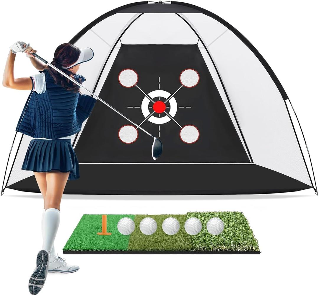 Golf Net, 10x7FT with Golf Practice Mat, Hitting Aid Nets for Backyard Driving Chipping Training Swing with Targets Outdoor or Indoor Gifts for Men/Dad/Him