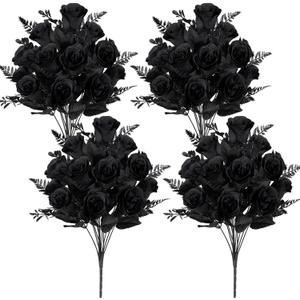 Artificial Rose Flowers Bouquet Realistic Silk Rose Fake Flowers for Wedding Home Centerpieces Party Cemetery Grave Decoration (4 Bouquets, Black)