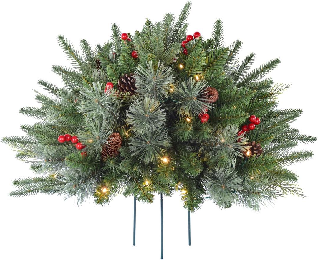 1 Pcs 30 Inch Christmas Tree Green Outdoor Planter Pots Filler Prelit Xmas Pine Trees with Cones and Red Berries 50 Warm White LED with 8 Light Modes and Timer for Yard (2ft 6in)