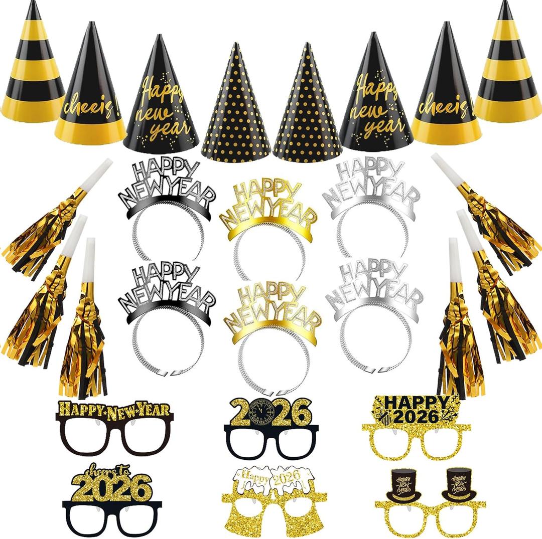 VDESFUEBY Black Gold Luxury New Year's Eve Party Supplies,2026 Party Headbands and Conical Hat/Sparkling Glasses for Happy New Year Gift New Year's Eve Party New Years Eve Accessories