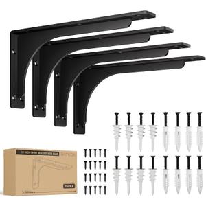 BATODA 12" x 6" L Bracket with Beam - Shelf Brackets Black 300 Lbs Capacity - Heavy Duty Shelving Brackets for Floating Shelves - Wall Mounted Support for DIY Mounting Hardware Included (Pack 4)