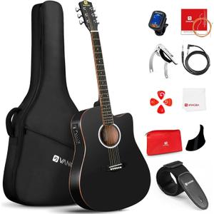 Vangoa Acoustic Electric Guitar Bundle for Beginners Adults Teens Full Size Cutaway Acoustic Guitar with Built-in Pickups, Wooden Bindings, Upgraded Starter Kit, Matte Black (Matte Black)