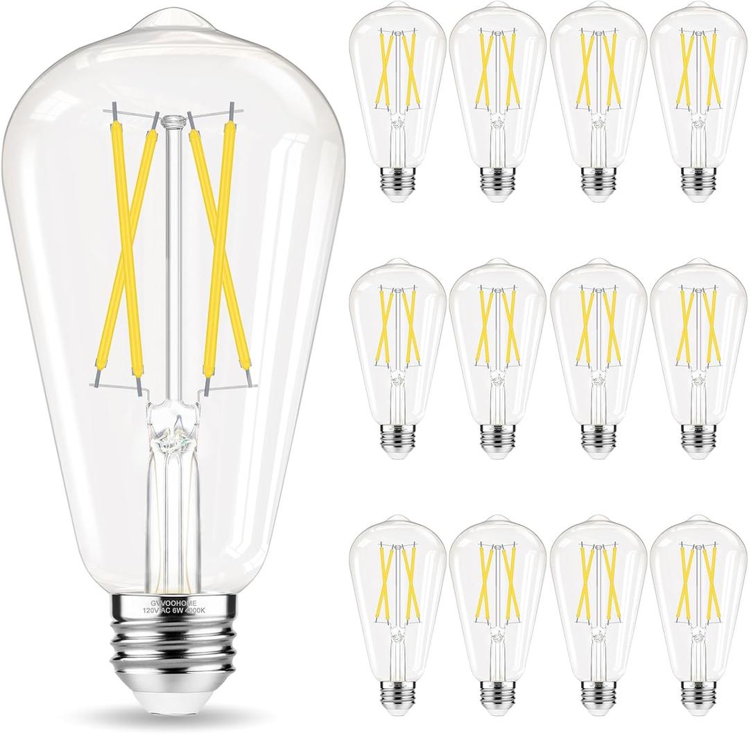 GvvooHome Edison Bulbs, E26 LED Bulb 60 watt Equivalent, Non-Dimmable, Cool White 4000K, ST58 Vintage Light Bulbs, 90+ CRI, 6W, 600LM, E26 Medium Base, Clear Glass, 12 Pack