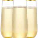 N9R 12PCS Plastic Champagne Flutes, 9 oz Stemless Disposable Gold Rim Toasting Glasses, Crystal Clear Cocktail Cups Drinkware Shatterproof Ideal for Party Wedding Birthday
