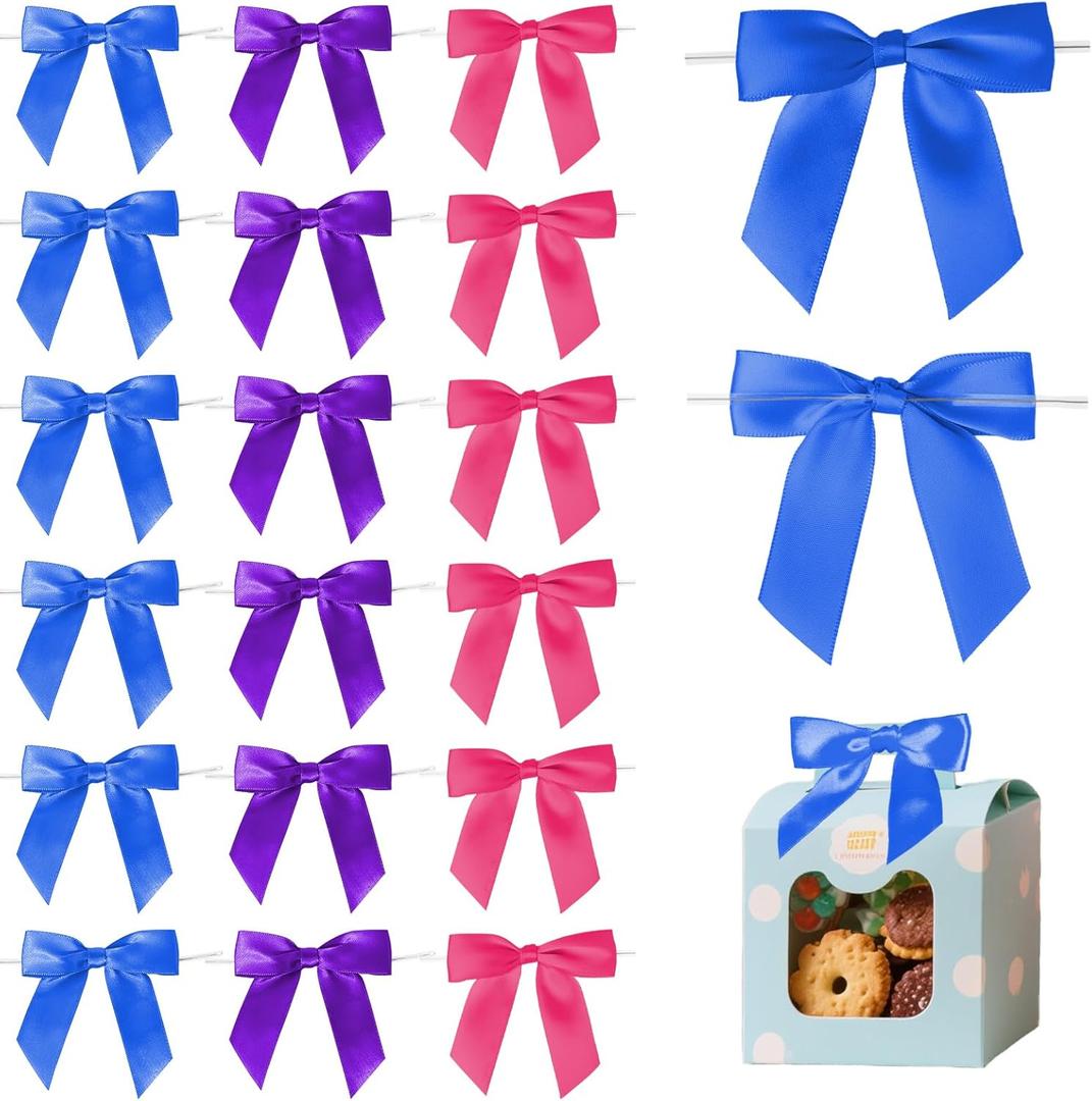 Twist Tie Bow for Wrapping Gift 3.5" 30Pcs Premade Satin Ribbon Bow Decorations for Crafts Treat Bag Wedding Bridal Shower Christmas Tree Party Favors Decor Accessories (Purple, Rose Red, Royal)