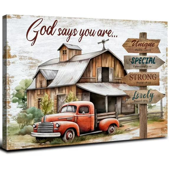 Rustic God Says You Are Wall Art Farmhouse Country Barn Canvas Picture Office Decor Christian Bible Verses Poster Vintage Red Old Truck Prints for Bedroom Living Room Kitchen Home Decoration 24x36"