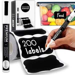 200 Decorative Chalkboard Labels for Jars, Removable Black Stickers with Chalk Marker, Pantry Containers and Storage Bin Organization