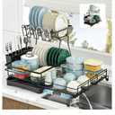 2 Tier Dish Drying Rack, Large Extendable Dish Racks for Kitchen Counter or Over Sink, Dishrack with Drainboard, 2-in-1 Anti-Rust Stainless Steel Dish Drainer with Utensil Holder & Cup Holder (Black)