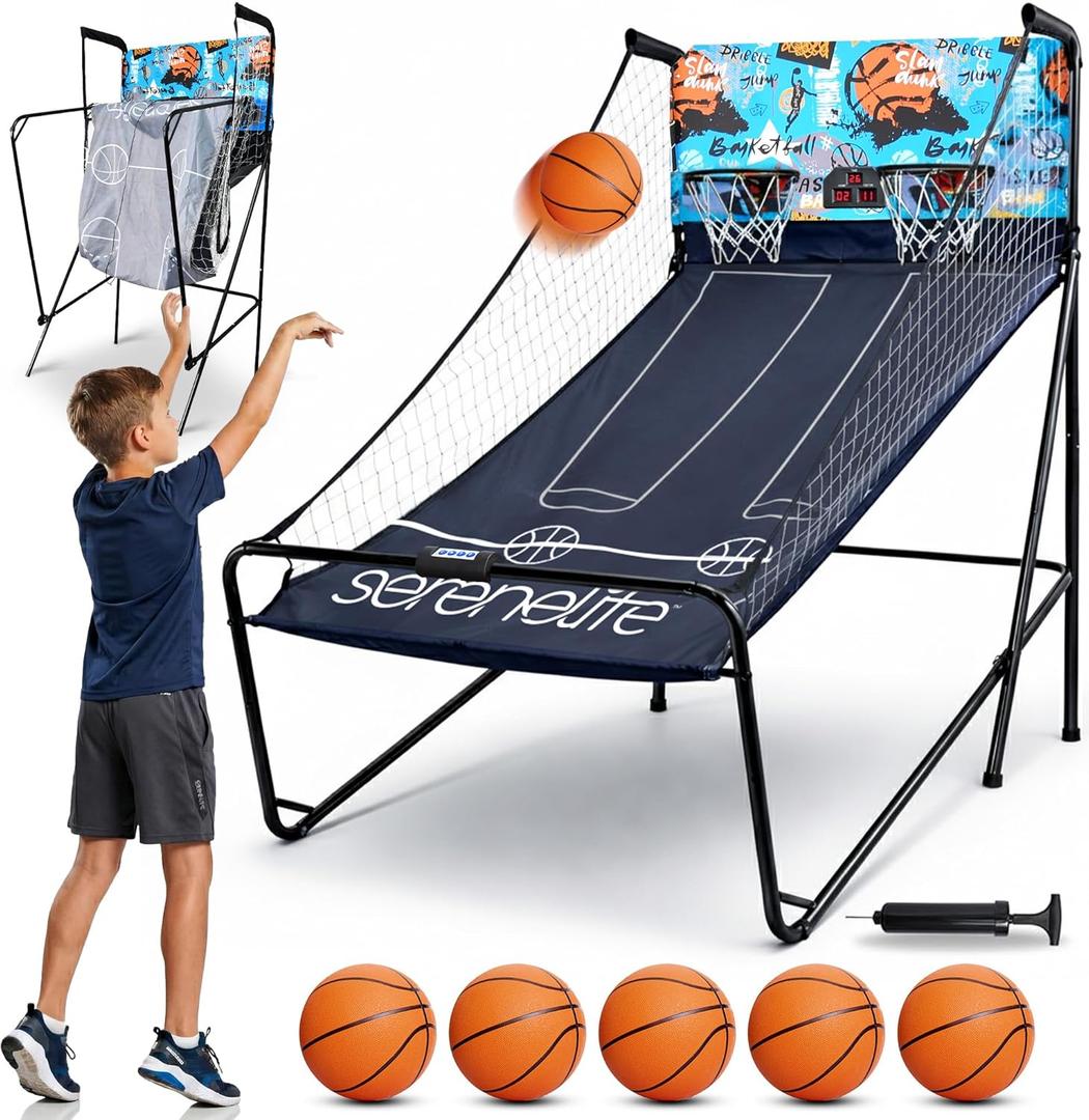 SereneLife Dual Shot Basketball Arcade Game with Electronic Scorer, 8 Game Modes, Indoor Outdoor 2 Player Basketball Shooting Game, Foldable Arcade Set with 5 Balls and Pump