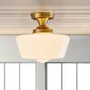 youngrender Schoolhouse Light Fixture Modern Gold Ceiling Light,Semi Flush Mount Ceiling Light,12''Wide Opal Milk Glass Shade,Brass Schoolhouse Light for Farmhouse Bedroom Bathroom Hallway Kitchen