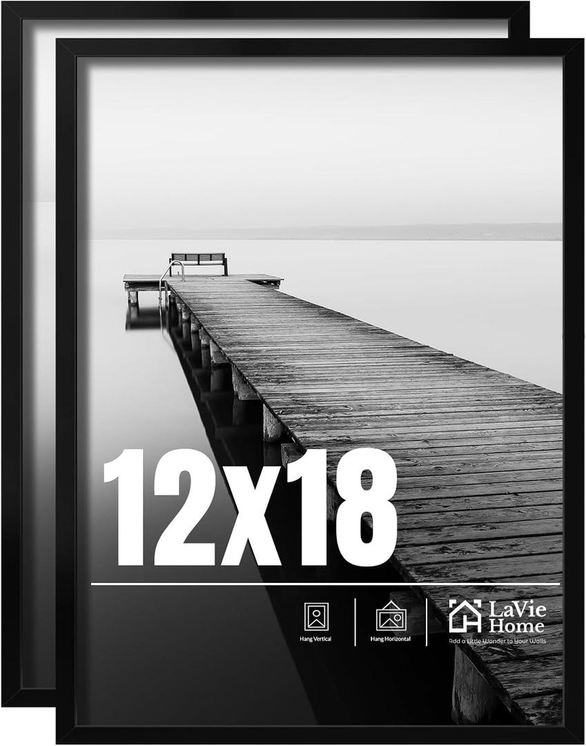 LaVie Home 12x18 Picture Frame 2 pack, Display Pictures 12 x 18 Poster Frame, 12x18 Black Photo Frame with HD Plexiglass, Display Frame for Vertical or Horizontal, Classic Collection