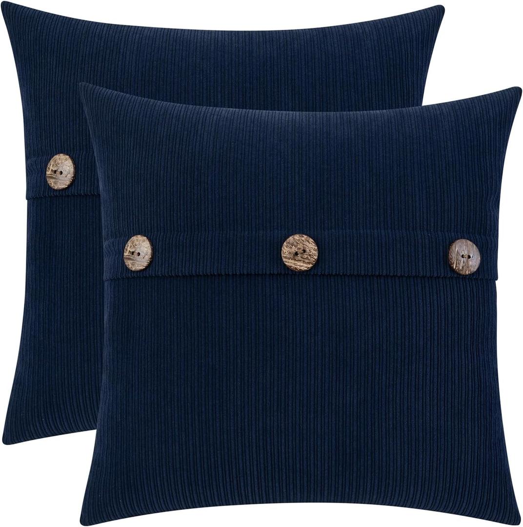 HWY 50 Navy Blue Chenille Throw Pillow Covers 18x18 Inch with Triple Buttons, Soft Farmhouse Accent Decorative Cushion Cases for Couch Sofa Bed Living Room Pack of 2 Navy Blue
