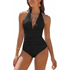 AI'MAGE Women's One Piece Swimsuit Halter Bathing Suit Ruched Tummy Control Swimsuits Push Up Swimwear Large