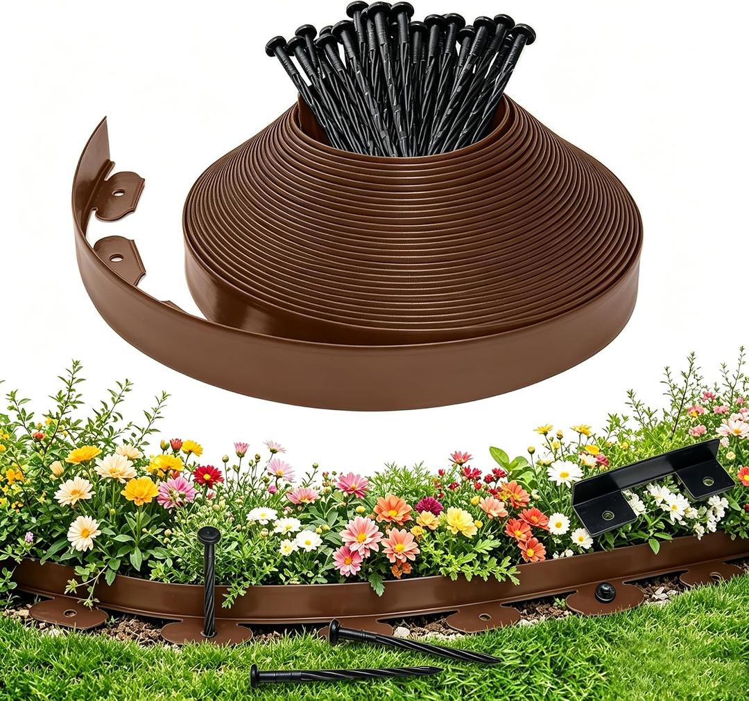 Landscape Edging Garden Border 100ft x 2in, 180 Stakes, Brown