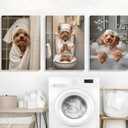 Framed 3Pcs Funny Bathroom Wall Art Dog Playing Phone on Toilet and Taking Bath in Bathroom Pictures Posters Cute Pet Canvas Prints Wall Decor for Dog Lovers Bathroom and Laundry Room Decoration