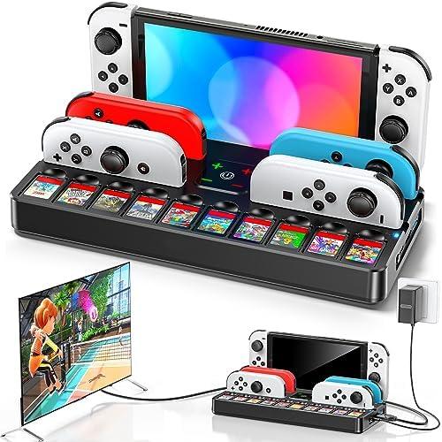 Switch Docking Station for TV with Controller Charger, Replacement for Switch TV Dock with HDMI Adapter, SW Base Station Portable Charging Dock with 10 Game Slots for Nintendo 3DS & 2DS NES Console