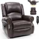 Classic Rivets Leather Recliner Chair for Living Rooms, Swivel Rocker Recliner Chair with Heat and Massage, Wall Hugger Glider Reclining Sofa for Small Spaces, Brown