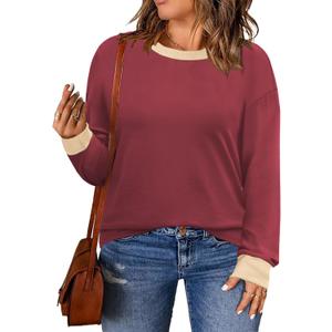 DOLNINE Womens-Plus-Size-Sweatshirts Color Block Long Sleeve Tops Fall Casual Crewneck Shirts Trendy Loose Fit Tunics XL-5XL (XXXL)