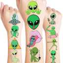 96PCS Alien Pre-Cut Temporary Tattoos for Kids  Space Theme Birthday Party Favors Supplies, UFO Outer Space Decorations, Galaxy Stickers for Boys Girls Toddlers Halloween Christmas (Normal)
