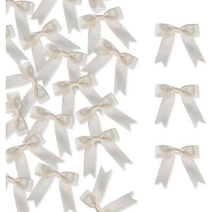 100 Pcs Satin Ribbon Bows with Twist Tie 2.5 Inch Pretied Premade Colored Craft Bows for Gift Wrapping Basket Wedding Baby Shower Birthday Party (Ivory)