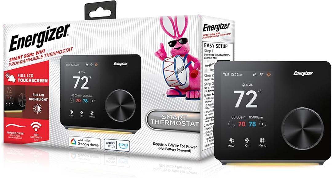 Energizer Smart Thermostat, Programable Wi-Fi Thermostat, 5GHz & 2.4GHz, Compatible with Alexa and Google, App Control, 3.5 inch Color Touch Screen, Easy Installation, 7 Day Scheduling, Night Light