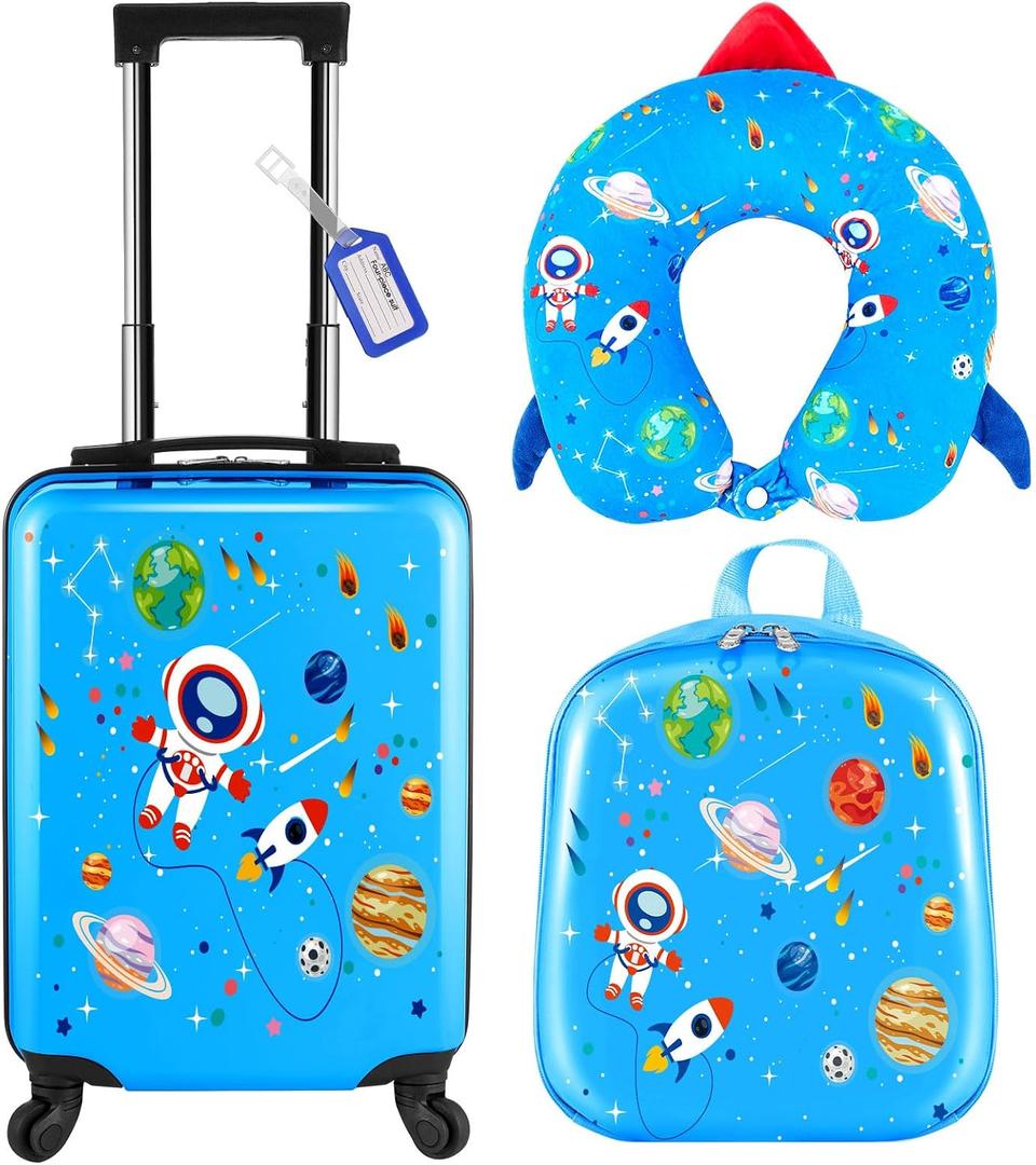 Sanwuta 4 Pcs Kids Luggage Set Carry On Rolling Suitcase Backpack Neck Pillow Travel Set Gift for Girls Boys Summer Camp(17 Inch,Astronaut Style,Blue)