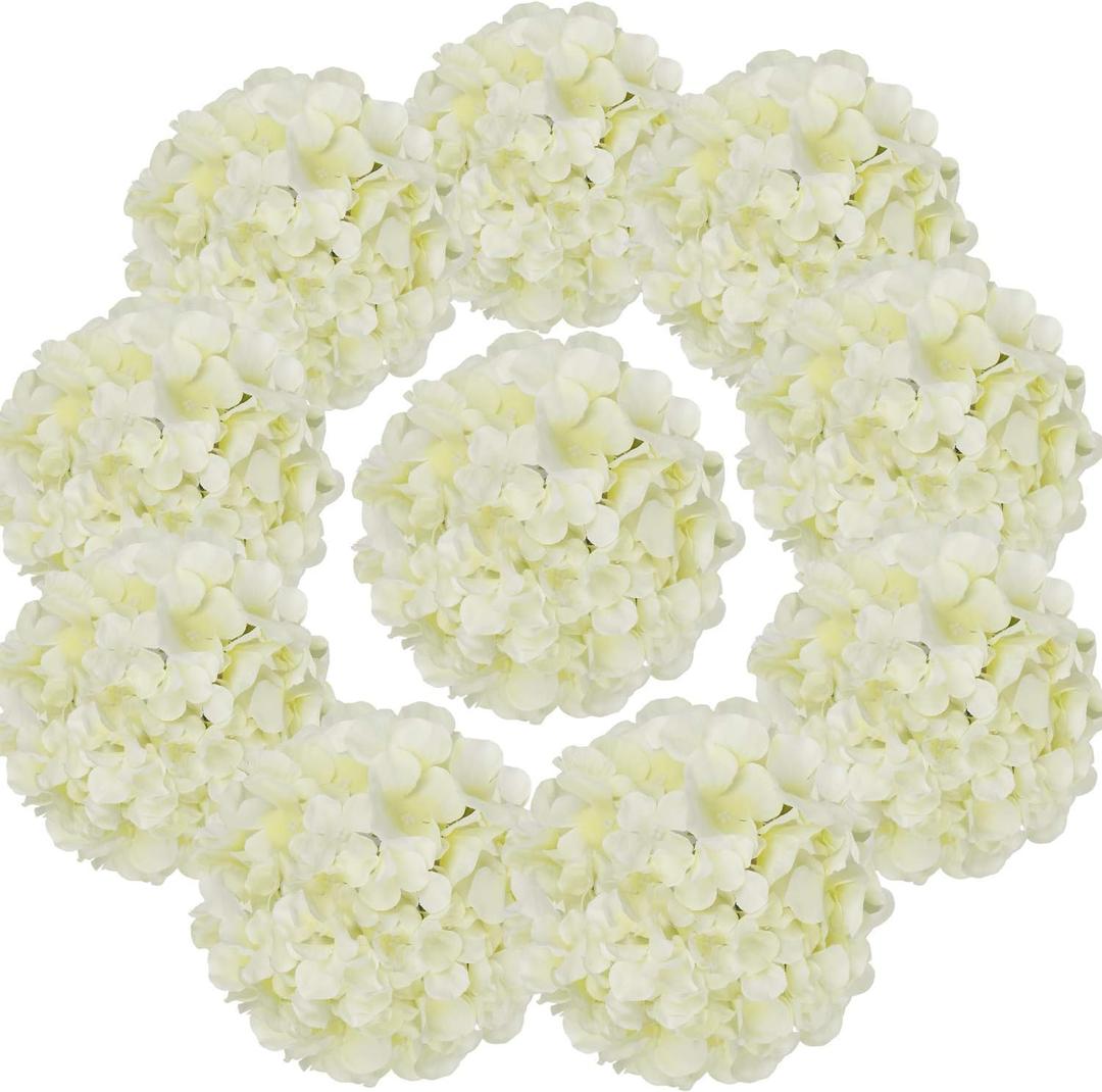 Flojery Silk Hydrangea Heads Artificial Flowers Heads with Stems for Home Wedding Decor,Pack of 10 (Ivory)