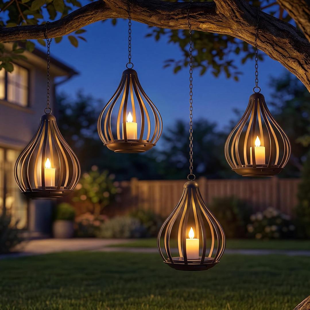 Solar Lanterns Outdoor Waterproof, Solar Lights Outdoor with Flickering Flameless Candle, Garden Decor Gifts for Women Mom Grandma, Hanging Solar Lights for Patio, Porch, Backyard, 4 Pack | Outdoor Solar Lanterns with Flickering Flameless Candle for Garden Patio Backyard Pathway Decor, Gifts for Women Mom Grandma