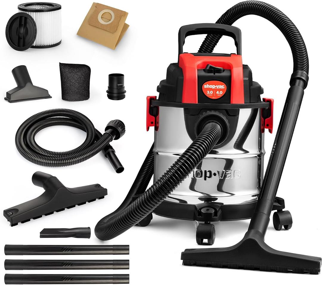 Shop-Vac 3 Gallon 4.0 HP Wet/Dry Vacuum with Blower Function, Stainless Steel Tank, Portable Shop Vacuum with Wheels, Includes Filters, Hose & Accessories, Ideal for Garage and Workshop