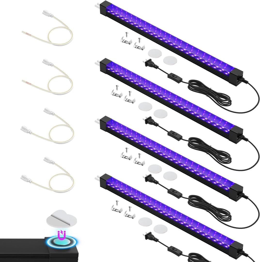 365NM UV Black Light Bar, 18W LED Blacklight Strip, 16inch Linkable UV Blacklights with Switch for Uranium Glass & Mineral Display, Glow Party, Halloween,4 Pack