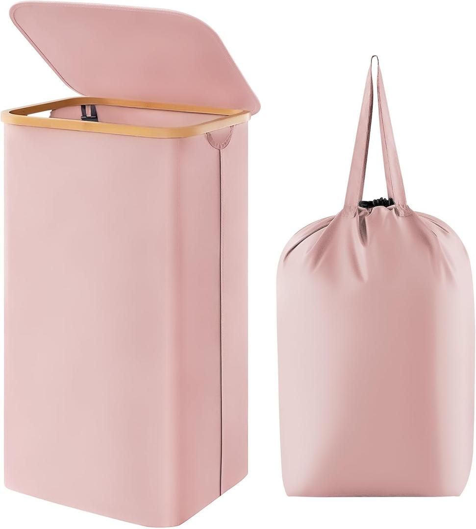 Lifewit 100L Foldable Laundry Basket with Lid, Bamboo Handles and Removable Bag, Large Hamper for Bedroom, Bathroom, Dorm, Pink