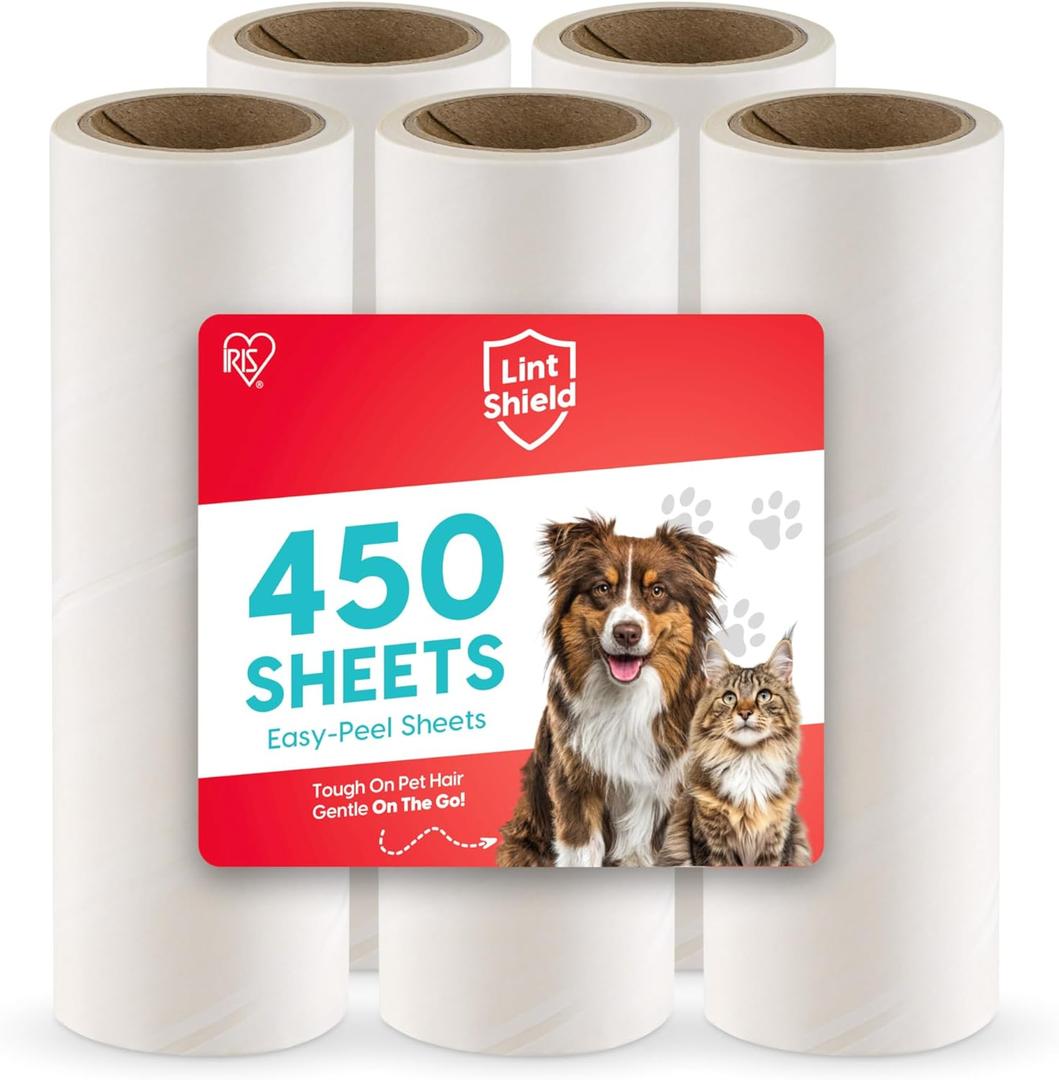 IRIS USA Extra Sticky Lint Rollers, 5 Pack of Large Refills Only - No Handle/Cover Included - 90 Sheets/Roll, 450 Sheets Total, For Dog Cat Pet Hair On Clothes, Couch, Bed, Floor, Car, Stairs, Curtain
