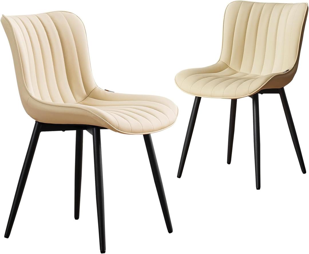 YOUNUOKE Beige Dining Chairs Set of 2 Upholstered Mid Century Modern Kitchen Chair Armless Faux Leather Side Chair with Back Metal Leg for Living Room