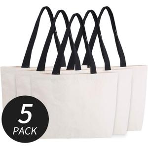 Azuca Reusable Grocery Canvas Bags with Inner Pocket Large Beach Shopping Heavy Duty 12 oz Tote Multi Purpose Natural - 20.5 x 14.5 x4.5 inch, 5 Pack