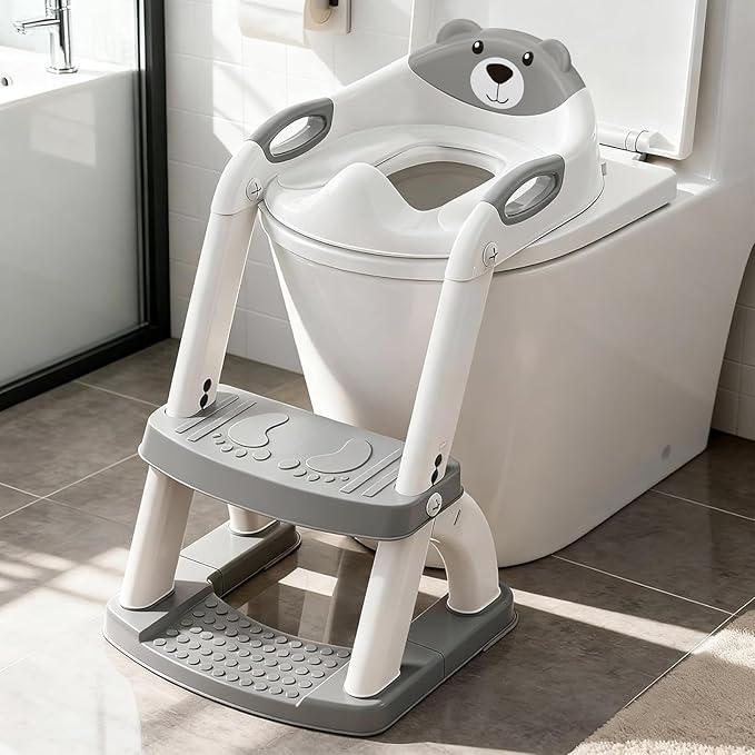 Potty Training Seat, SKYROKU Upgrade Toddler Toilet Seat for Kids Boys Girls, 2 in 1 Potty Training Toilet, Splash Guard AntiSlip Pad Step Stool,New SectorShape Stabilized Base (8899+Grey)