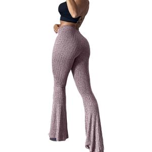 Women's Ribbed Knit Flared Pants, Stretchy Fitted Bell Bottom Yoga Pants (Pale Pinkish-grey, XS)