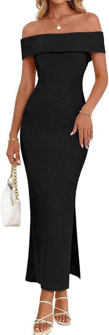 MEROKEETY Women's 2026 Off Shoulder Bodycon Midi Dress Summer Spring Formal Elegant Knit Sweater Dresses (L)
