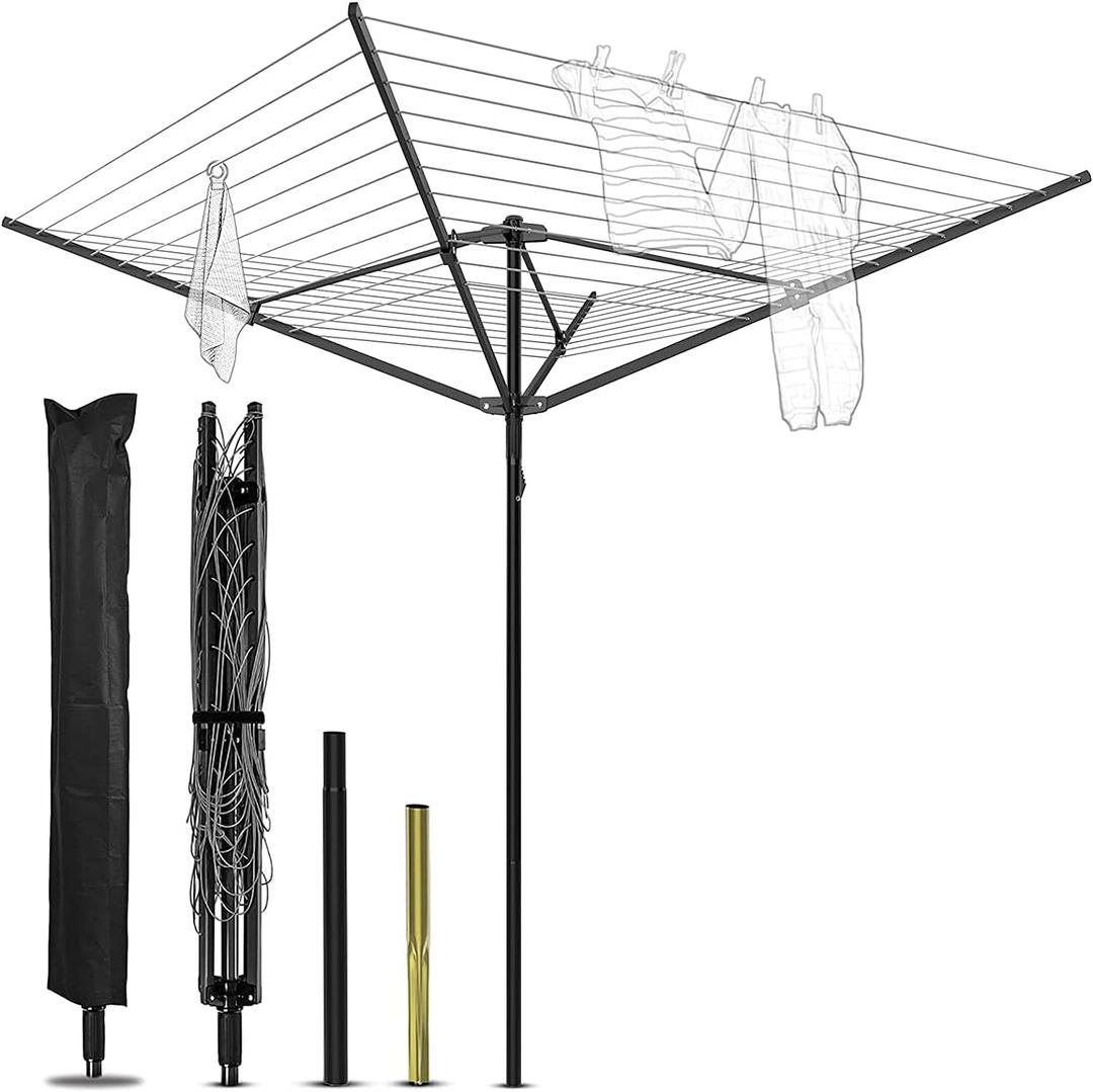 Nisorpa Outdoor Umbrella Drying Rack,12 Lines with 165 Feet Umbrella Clothesline Outdoor Dryer Clothes Line, 4 Arm Steel Frame Adjustable Height Retracting Collapsible Clothes Drying Rack for Backyard, 70.86 in x 47.63 in x 66.14 in