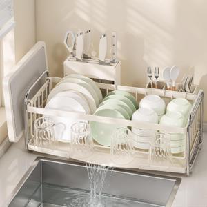 Compact Small Dish Drying Rack for Kitchen Counter - Narrow Metal Dish Drainer Rack with Utensil Holder, Space-Saving Plate Organizer for Sink Storage, Apartment & RV (Off-White Ivory)