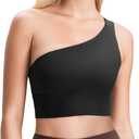 QUEENIEKE Womens One Shoulder Sports Bra Workout Strap Yoga Bras Cute Low Support Tops (Small, #1-black)