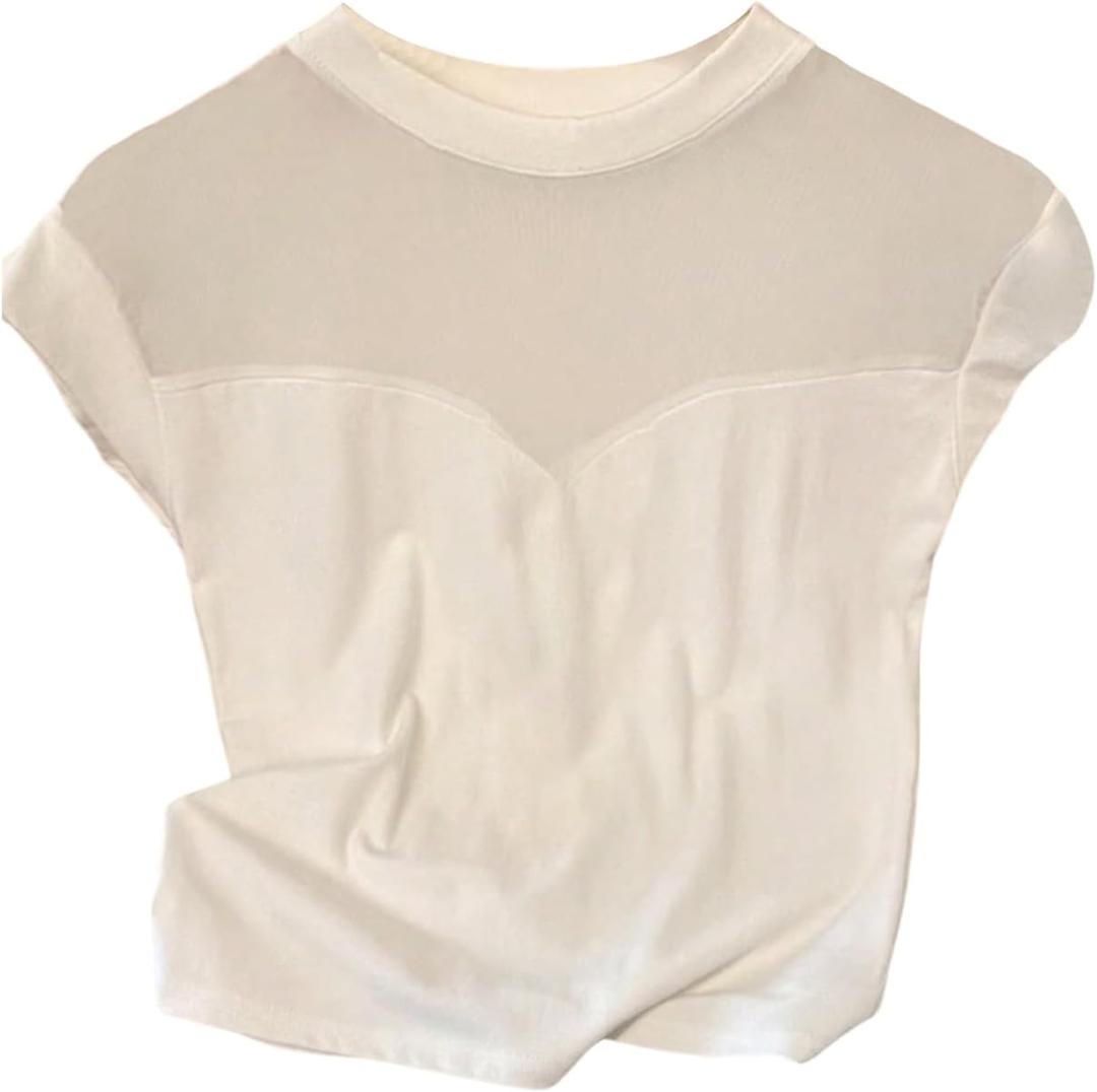 SOLY HUX Women's Contrast Mesh Sheer T Shirt Cap Sleeve Crewneck Slim Fit Tee Going Out Summer Tops (White, S)
